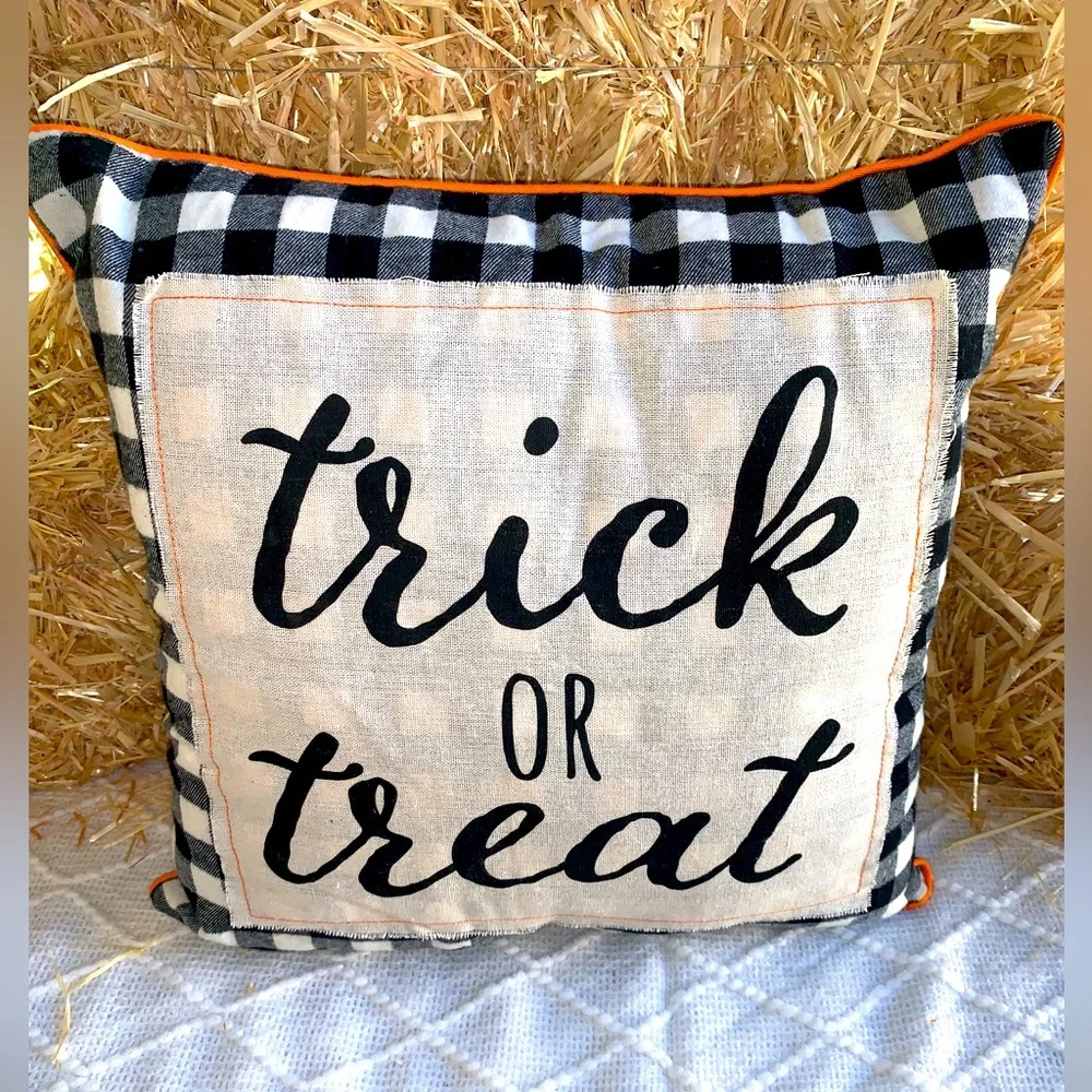 Halloween Decor Pillow Trick or Treat Checkered Black/Orange/Cream- NWT